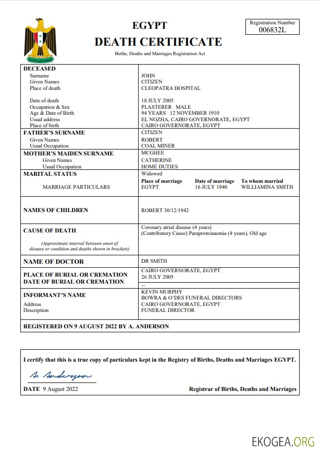 Modèle Word et PDF de certificat de décès de l'état civil en Égypte